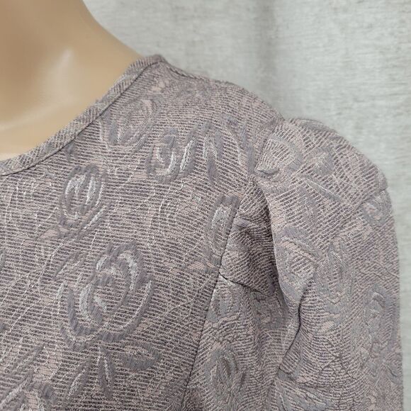 Current Air Taupe Floral Jacquard Puffed Sleeve Teired Midi Dress Back Cutout - Picture 4 of 10